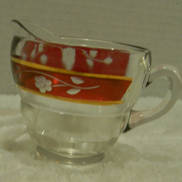 Vintage Bartlett Collins Red Gold Creamer Jar Etched Glass - Picture 4 of 5